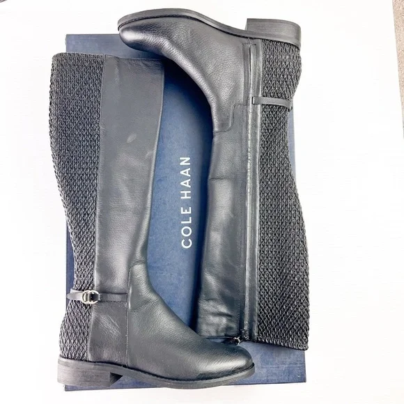 Cole Haan Boots womens 7 Isabell Stretch Black Leather Knee High Riding Boots